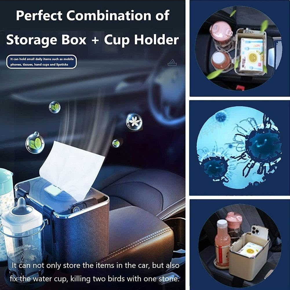 🚗 Car Armrest Storage Box with Dual Cup Holders 🥤🧻 | Multifunctional Console Side Organizer with Tissue Holder