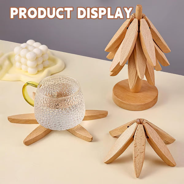 ✨🔥Natural Tree Trivet Set For Hot Dishes - 4 bambooTrivets & 1 Stand Like a Christmas Tree