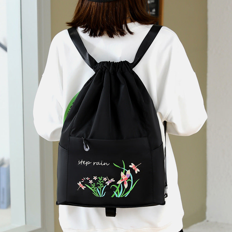 🎒 Foldable Embroidery Drawstring Backpack 🌸 | Large Capacity Travel Bag for Women 🧳✨
