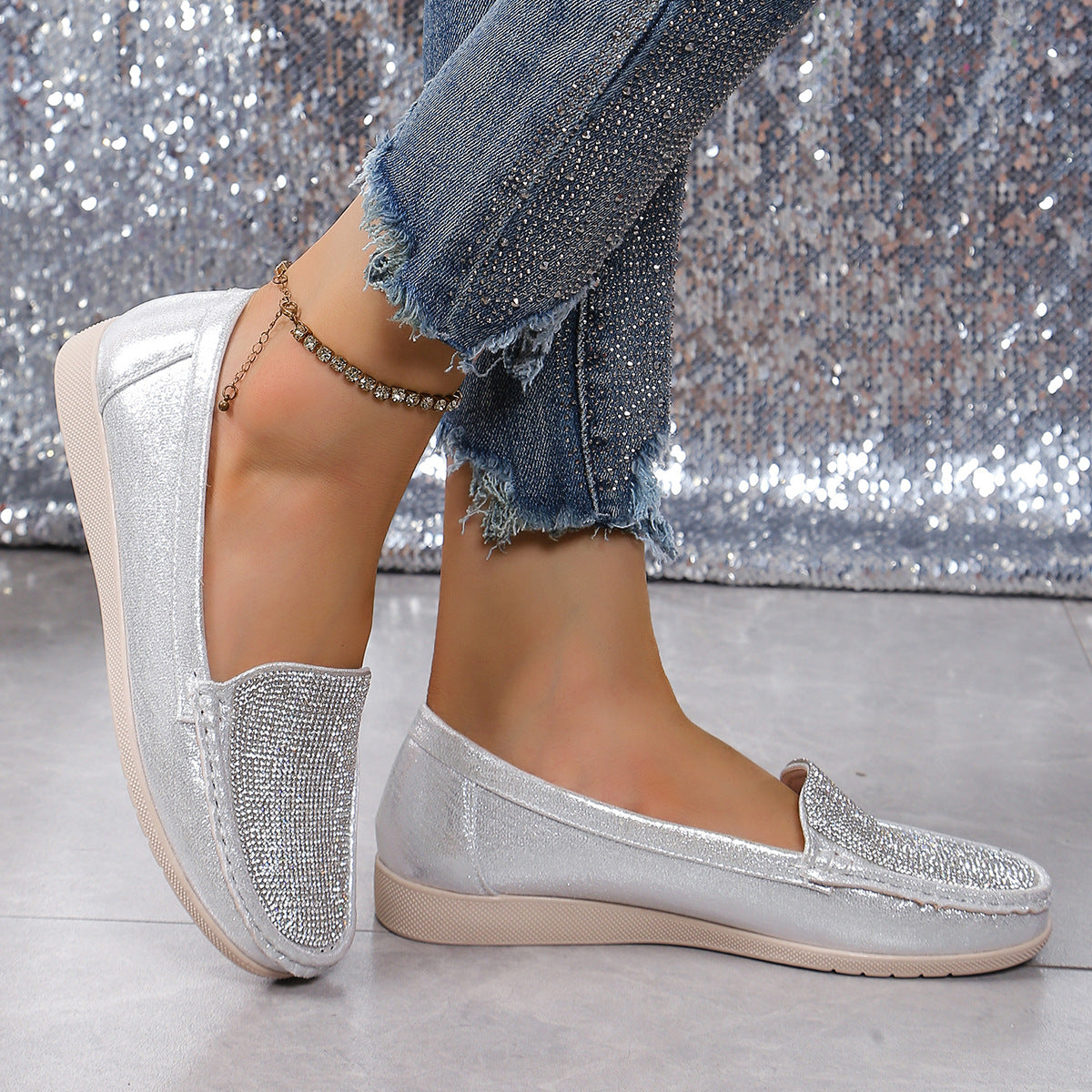 Stylish Rhinestone Embellished Flat Loafers