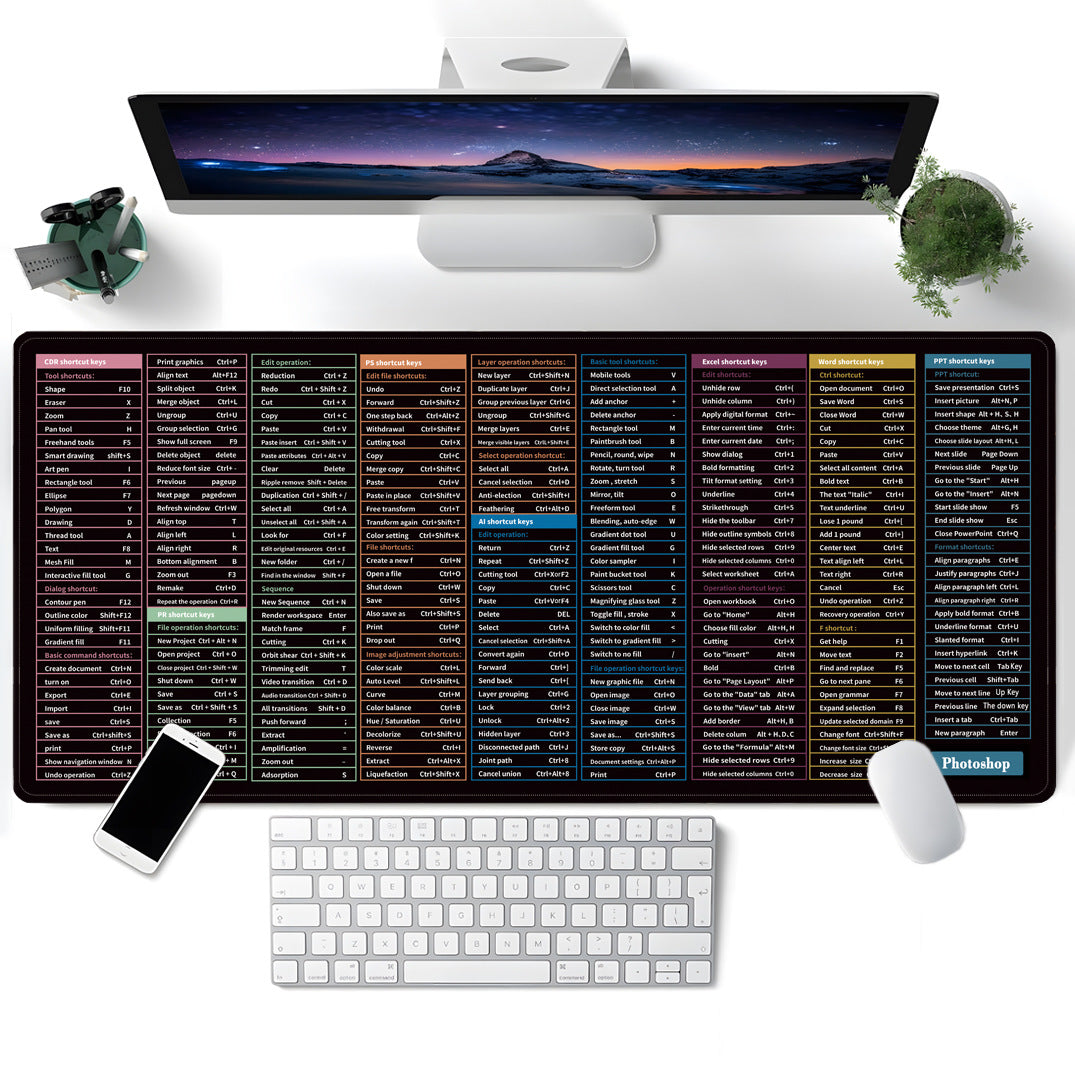 ⌨️ Extended Large Shortcut Key Mouse Pad 🎮🖱️ | Oversized Desk Mat for Gamers, Designers & Office Pros