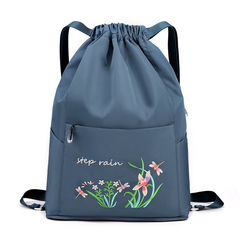🎒 Foldable Embroidery Drawstring Backpack 🌸 | Large Capacity Travel Bag for Women 🧳✨