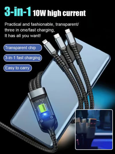 💪⚡ Fast Charging Speed | Transparent Luminous Charging 3-in-1 Data Cable🔥