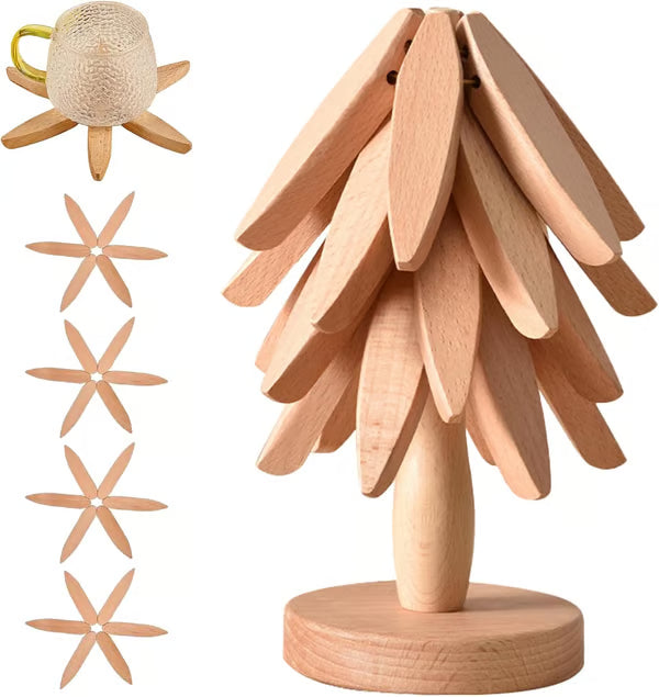 ✨🔥Natural Tree Trivet Set For Hot Dishes - 4 bambooTrivets & 1 Stand Like a Christmas Tree